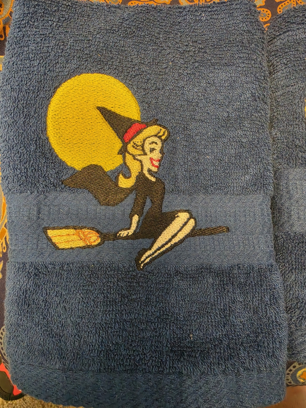 Blue Embroidered Witch Bewitched Hand Towels Set Of 2